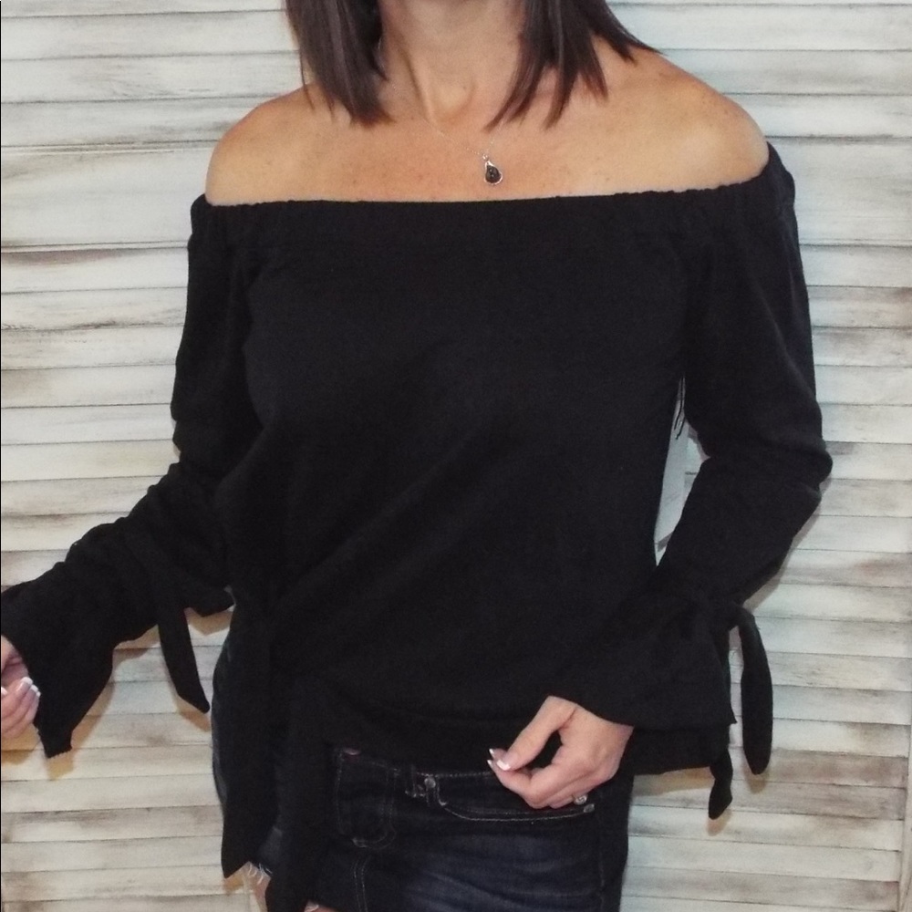 Off Shoulder Tie Sleeve Bell Cuff Black 0118 - Picture 4 of 7